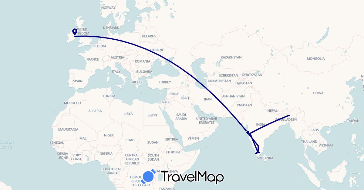 TravelMap itinerary: driving in Ireland, India (Asia, Europe)